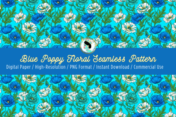 Blue Poppy Floral Seamless Pattern PNG
