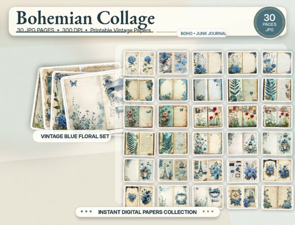 Unlocking Creativity with Blue Floral Vintage Junk Journal Pages